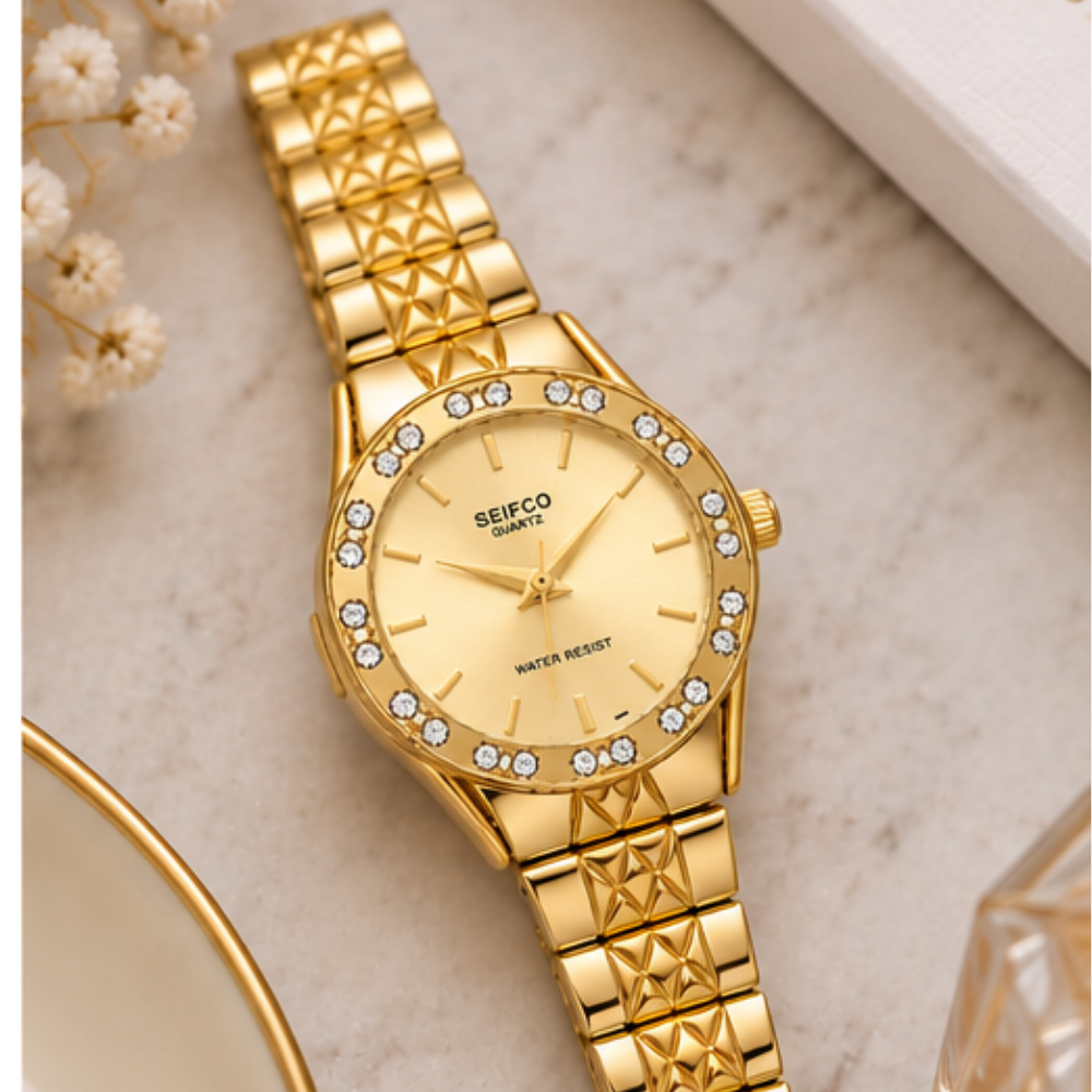 SEIFCO Classic Women’s Stainless Steel Quartz Watch with Gold Dial and Gold Bracelet - Image 2