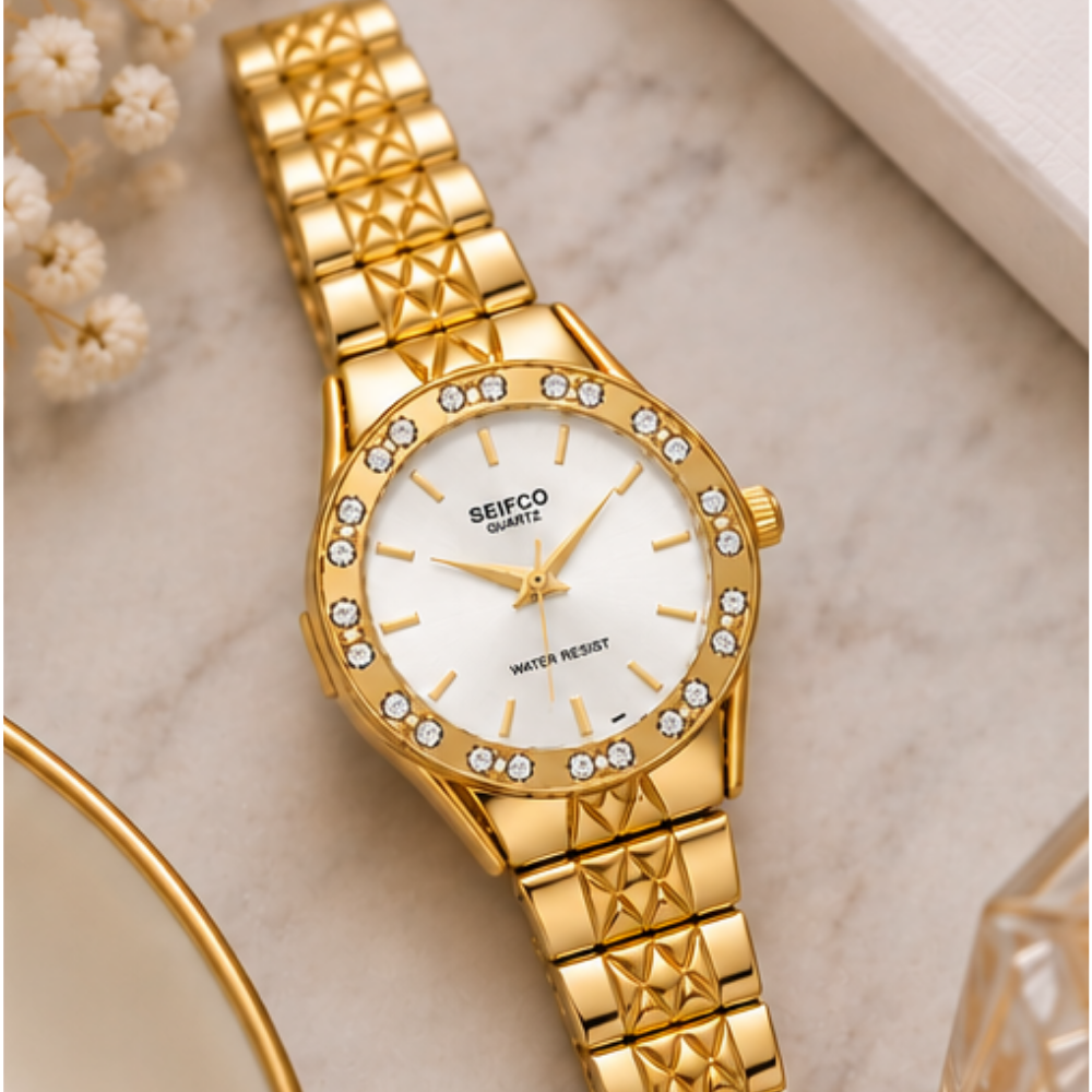SEIFCO Classic Women’s Stainless Steel Quartz Watch with White Dial and Gold Bracelet - الصورة 2