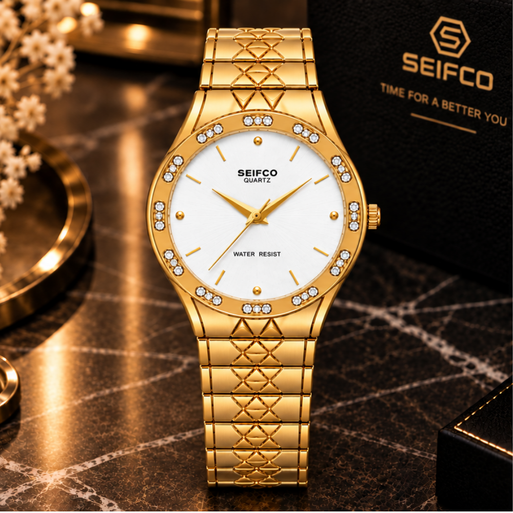 SEIFCO Classic Unisex Stainless Steel Watch with White Dial and Gold Bracelet - Image 3