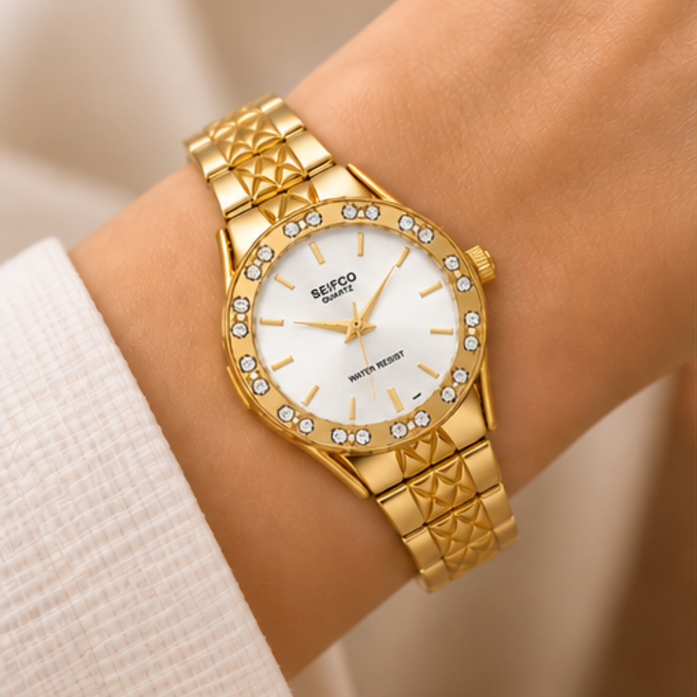 SEIFCO Classic Women’s Stainless Steel Quartz Watch with White Dial and Gold Bracelet - الصورة 3