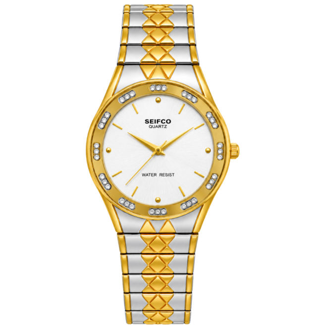 SEIFCO Classic Unisex Stainless Steel Quartz Watch with White Dial and Silver Gold Bracelet