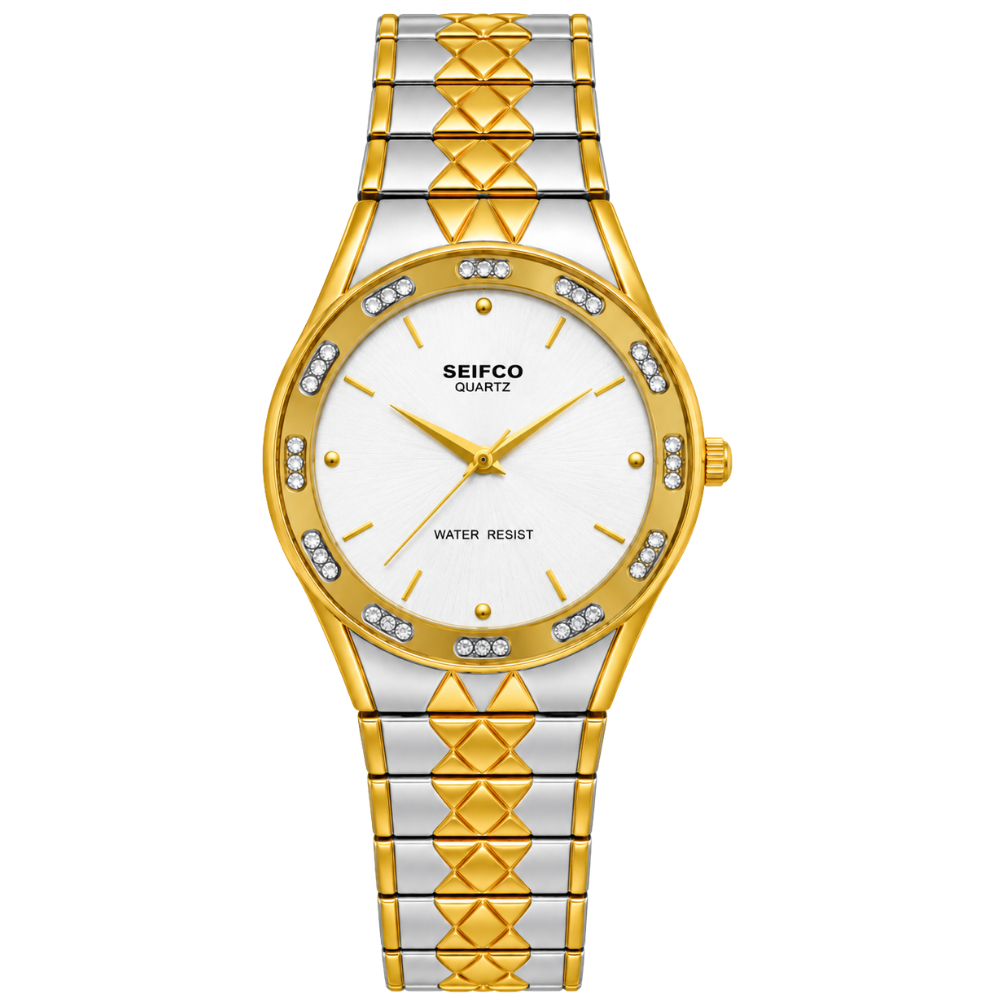 SEIFCO Classic Unisex Stainless Steel Quartz Watch with White Dial and Silver Gold Bracelet