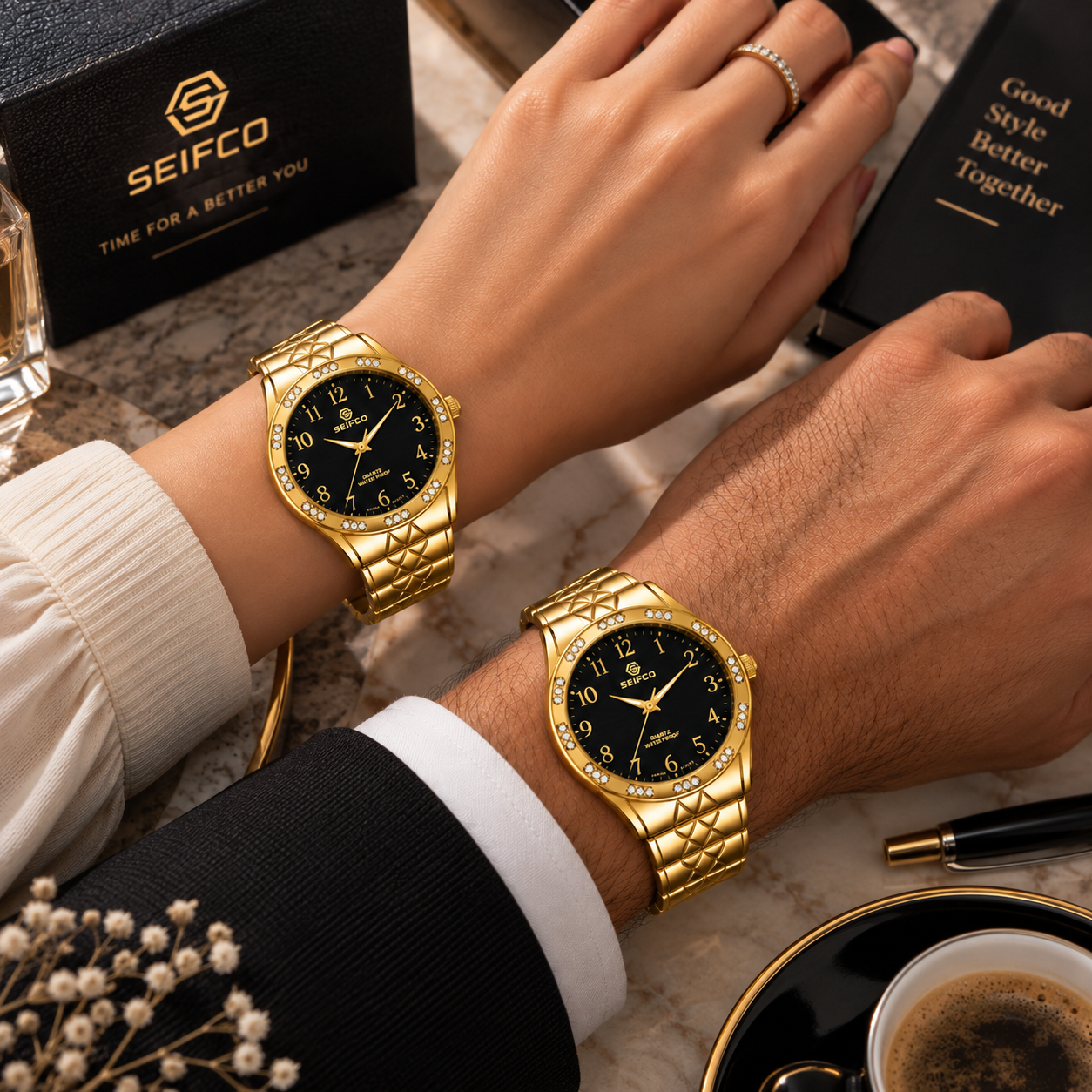 SEIFCO Classic Unisex Stainless Steel Quartz Watch with Black Dial and Gold Bracelet - الصورة 3