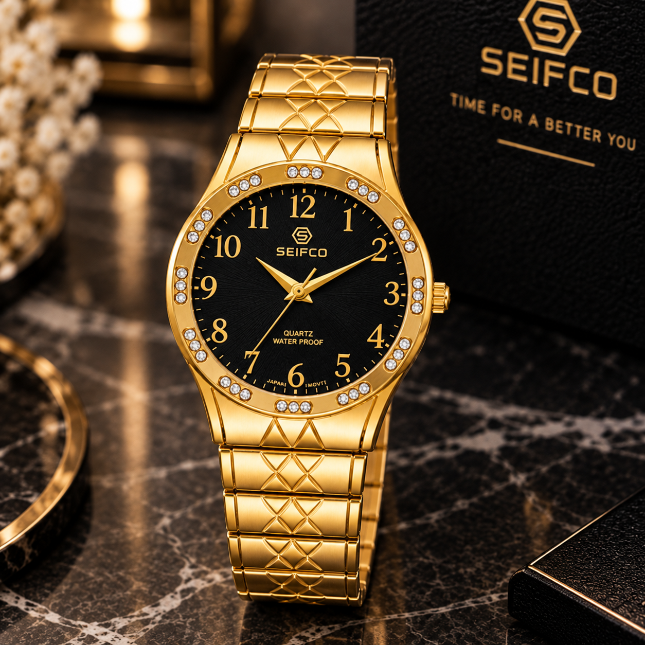 SEIFCO Classic Unisex Stainless Steel Quartz Watch with Black Dial and Gold Bracelet - الصورة 2