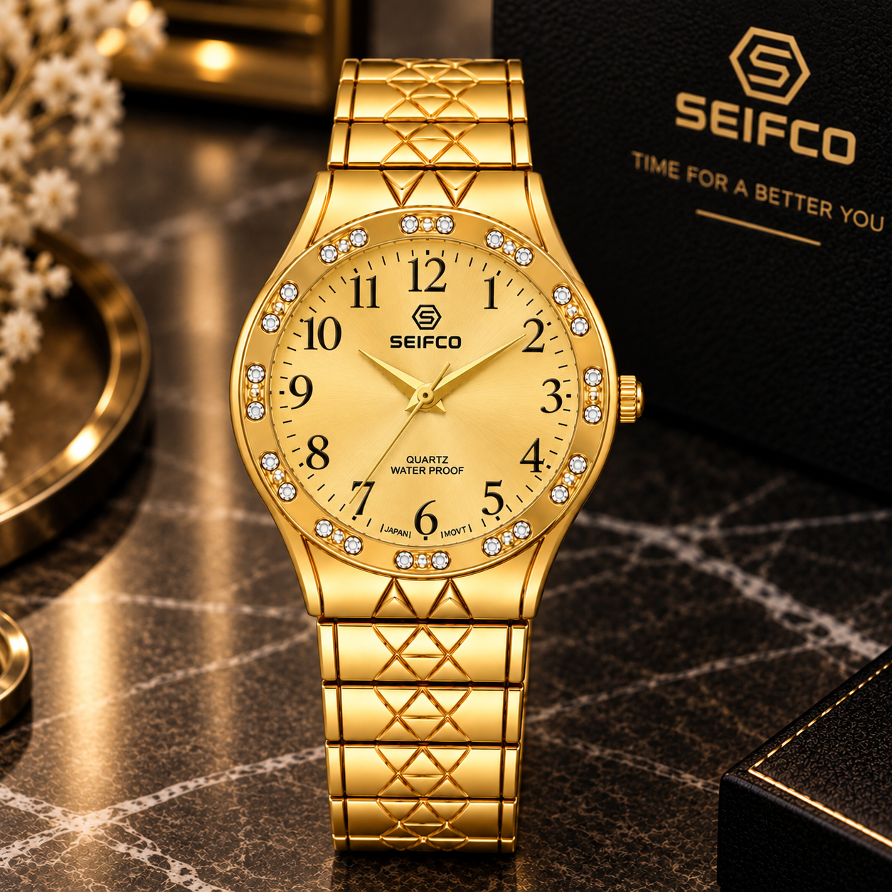 SEIFCO Classic Unisex Stainless Steel Watch with Gold Dial and Gold Bracelet - Image 2