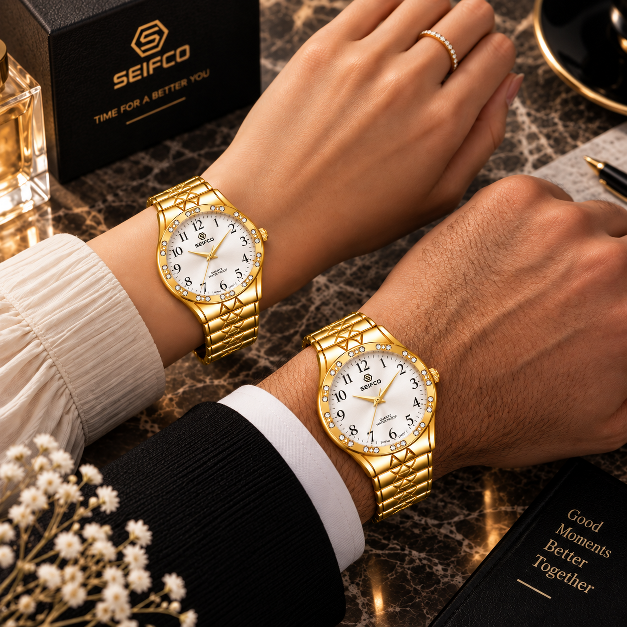 SEIFCO Classic Unisex Stainless Steel Watch with White Dial and Gold Bracelet - Image 3
