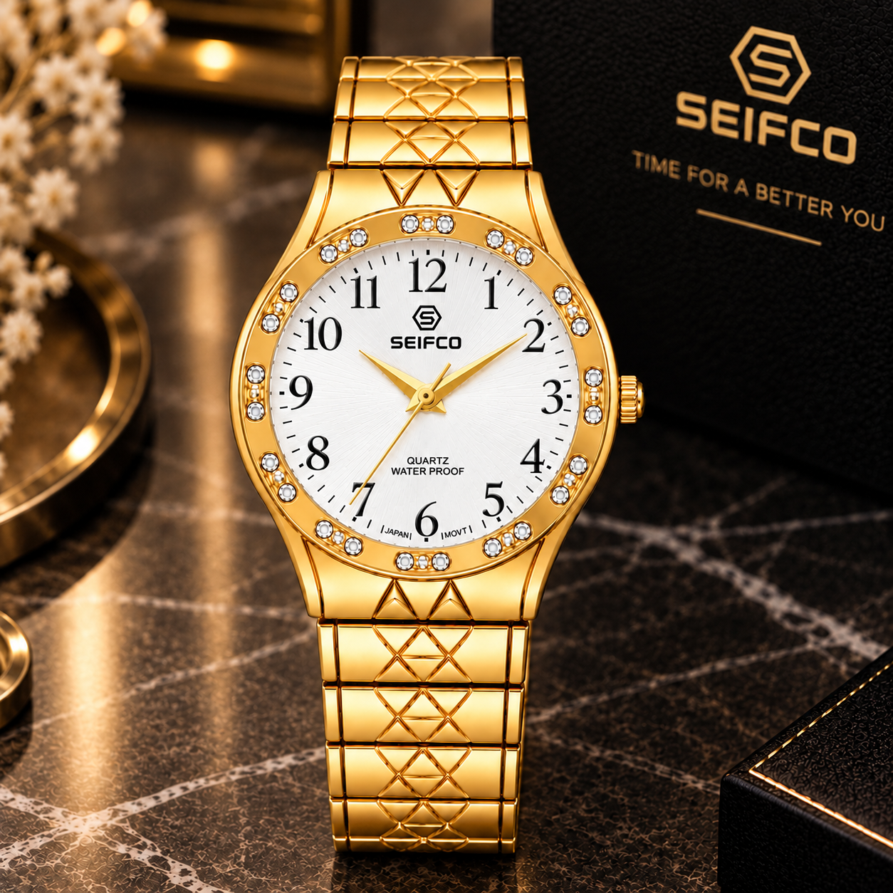SEIFCO Classic Unisex Stainless Steel Watch with White Dial and Gold Bracelet - Image 2