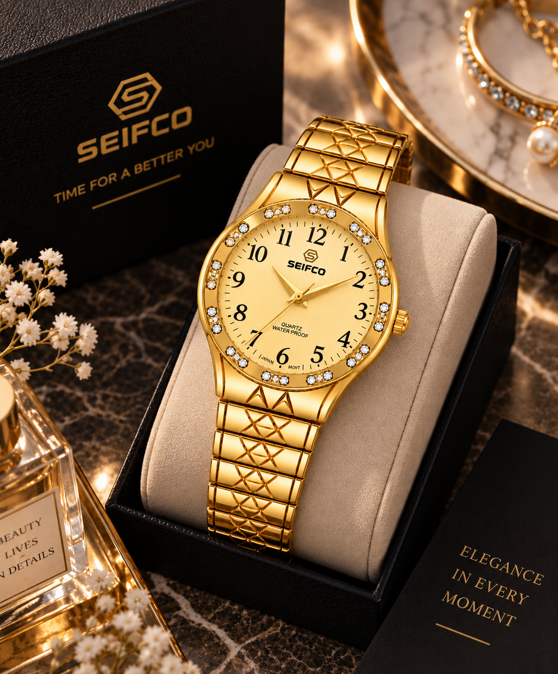 SEIFCO Classic Women’s Stainless Steel Quartz Watch with Gold Dial and Gold Bracelet - Image 2