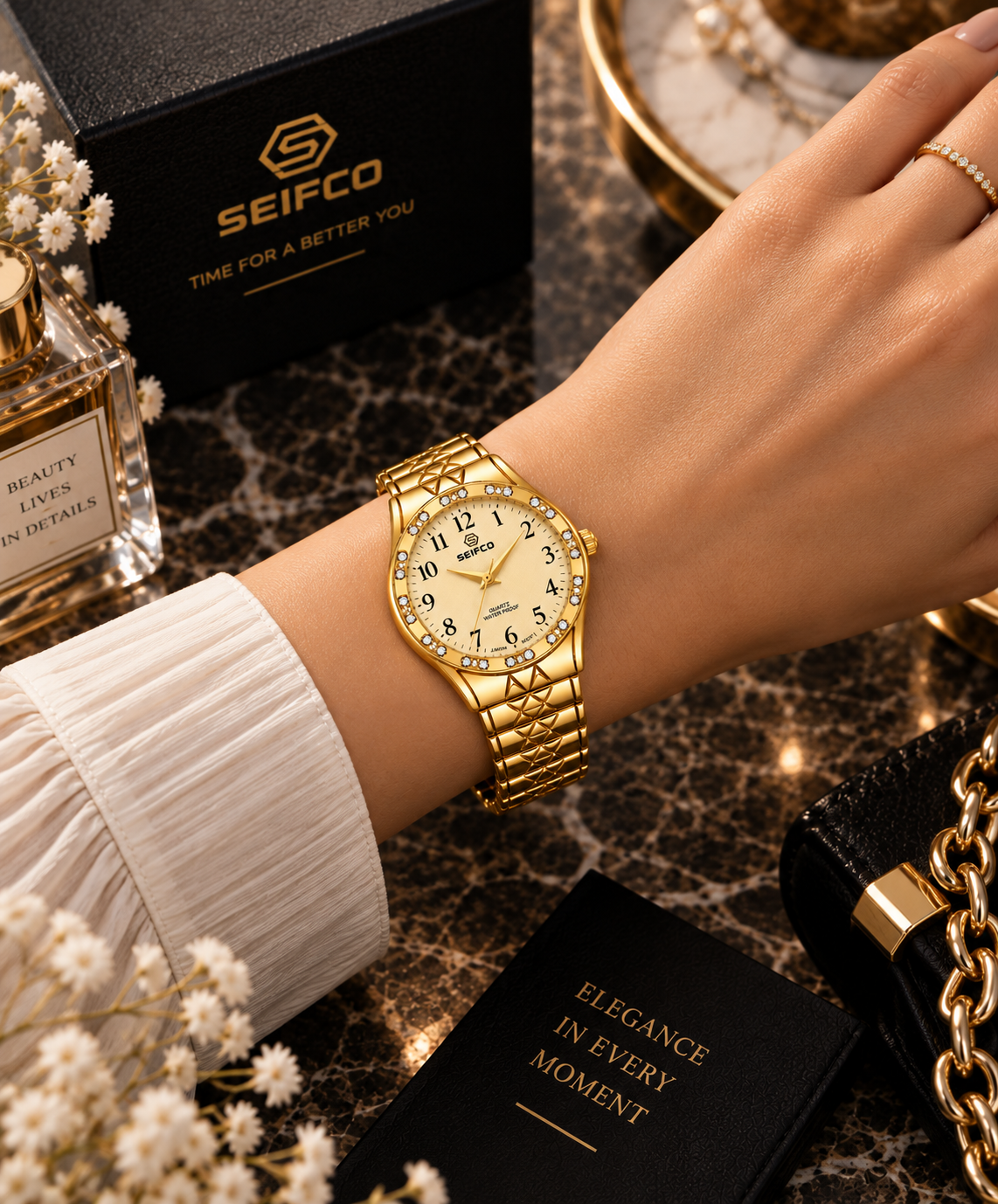 SEIFCO Classic Women’s Stainless Steel Quartz Watch with Gold Dial and Gold Bracelet - Image 3