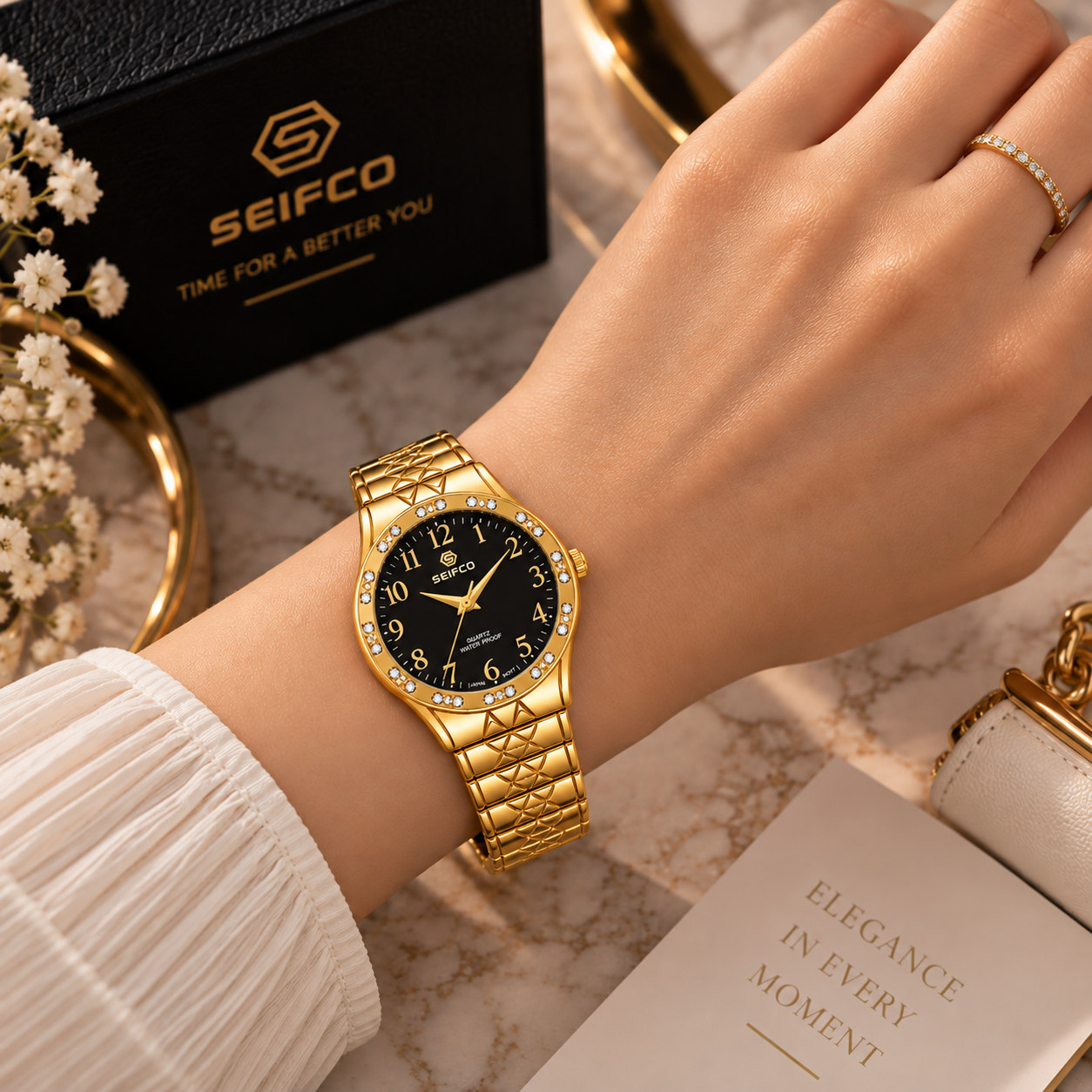 SEIFCO Classic Women’s Stainless Steel Quartz Watch with Black Dial and Gold Bracelet - الصورة 3