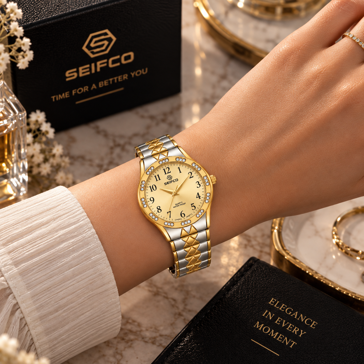 SEIFCO Classic Women’s Stainless Steel Quartz Watch with Gold Dial and Silver Bracelet - Image 3