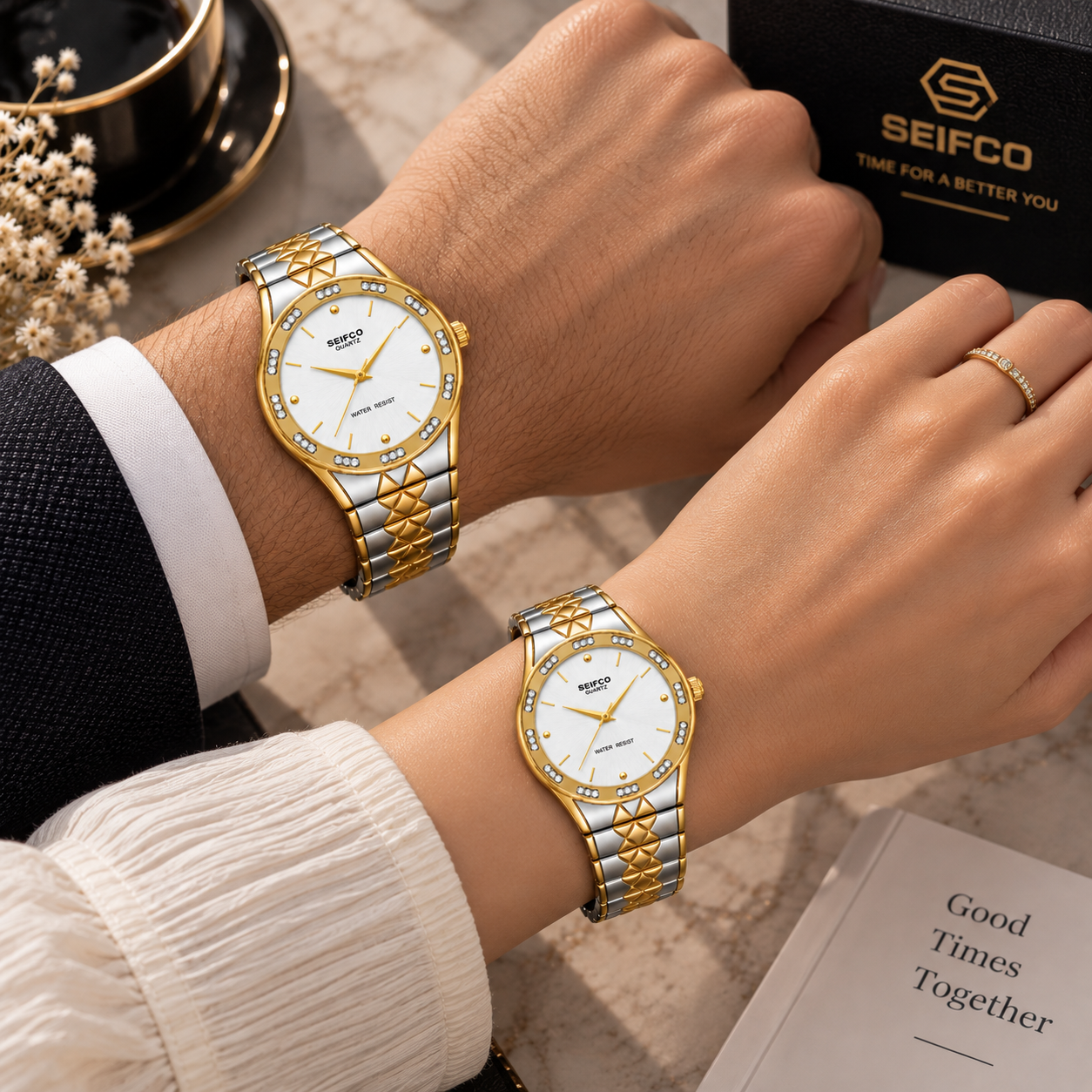 SEIFCO Classic Unisex Stainless Steel Quartz Watch with White Dial and Silver Gold Bracelet - الصورة 3