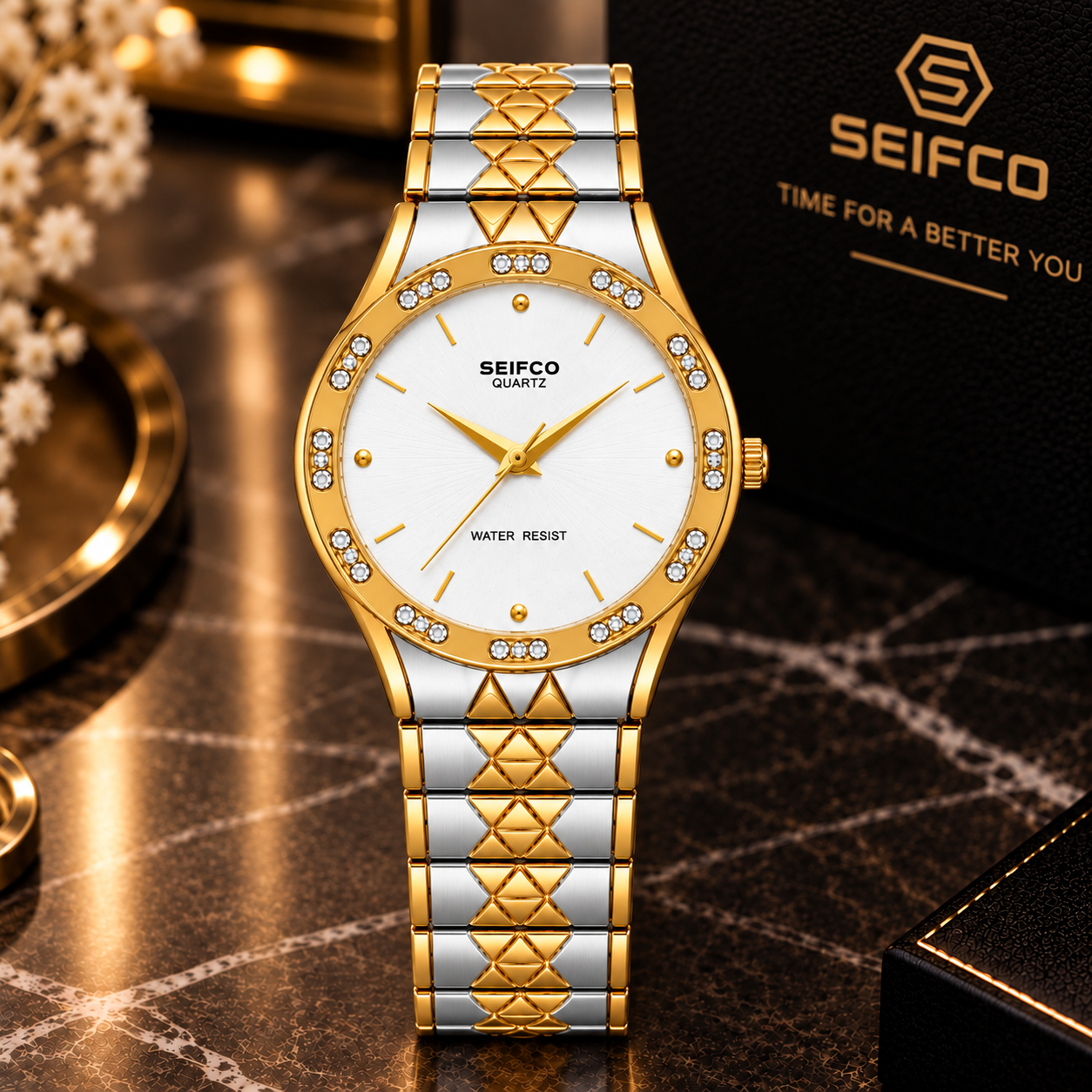 SEIFCO Classic Unisex Stainless Steel Quartz Watch with White Dial and Silver Gold Bracelet - الصورة 2