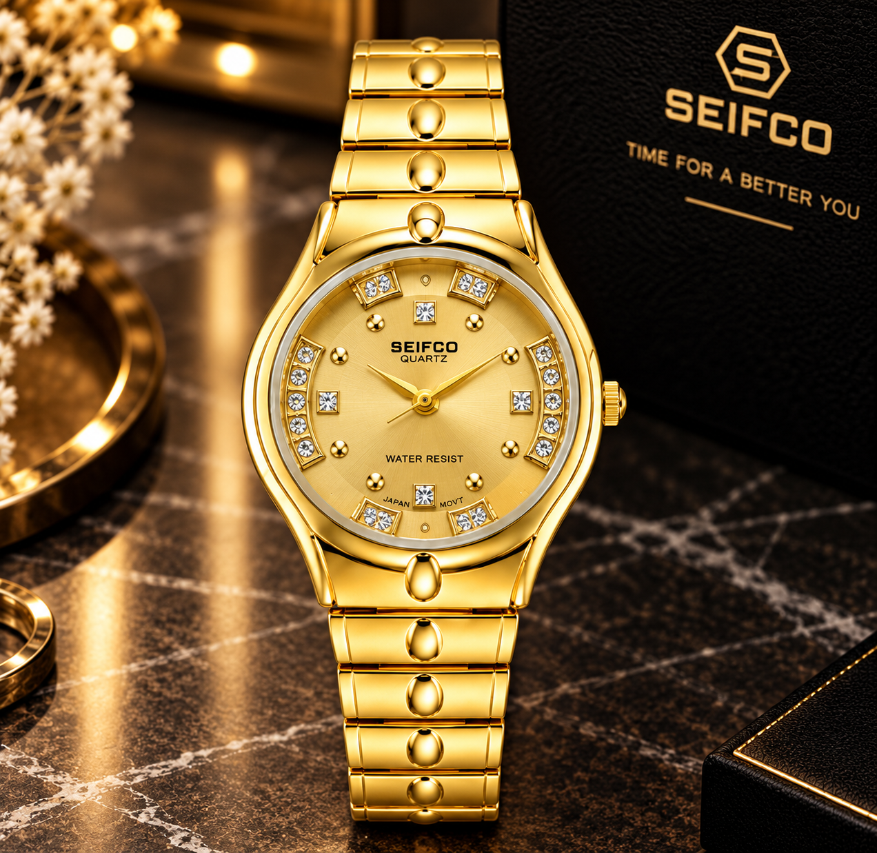 SEIFCO Classic Women’s Stainless Steel Quartz Watch with Gold Dial and Gold Bracelet - Image 3
