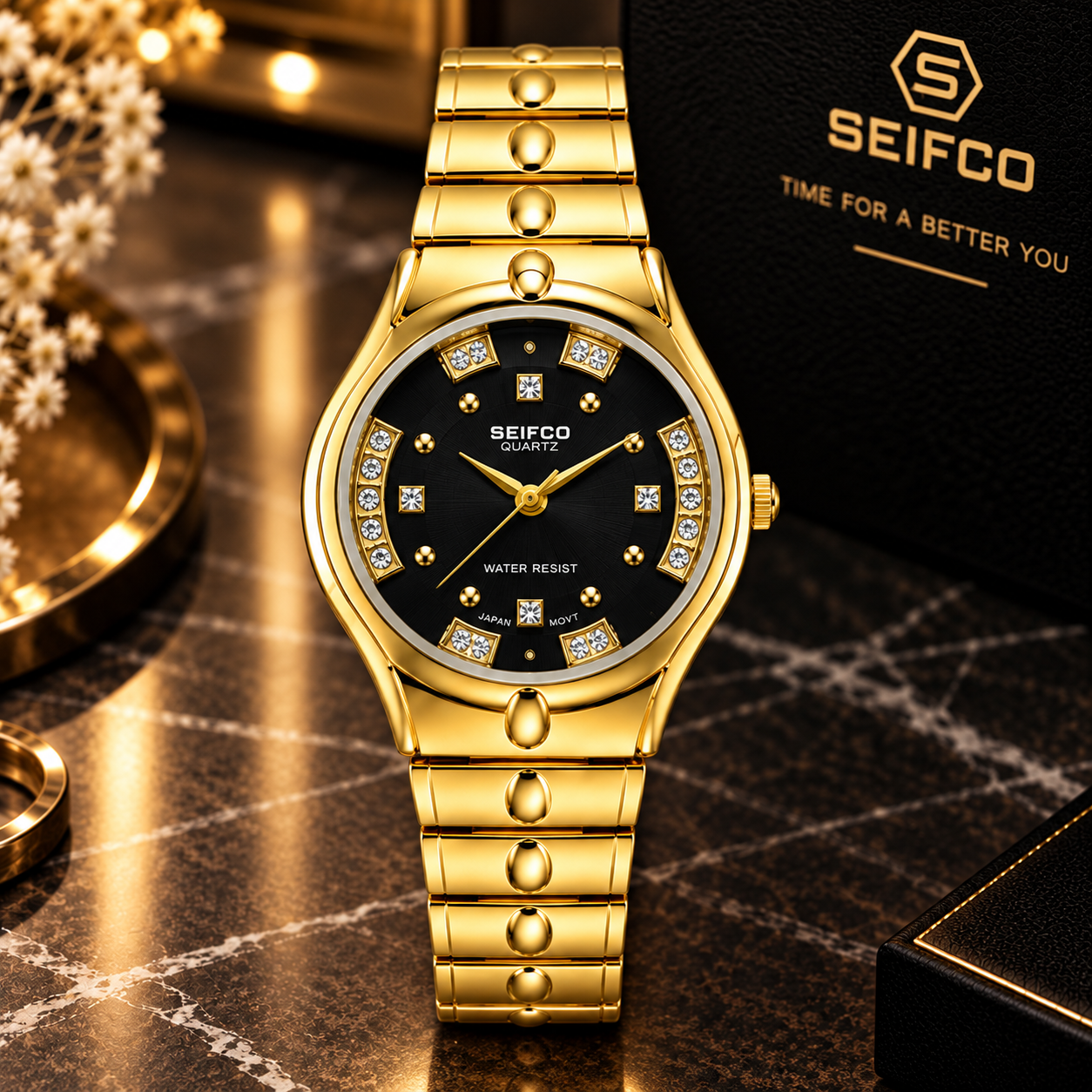 SEIFCO Classic Women’s Stainless Steel Quartz Watch with Black Dial and Gold Bracelet - Image 2
