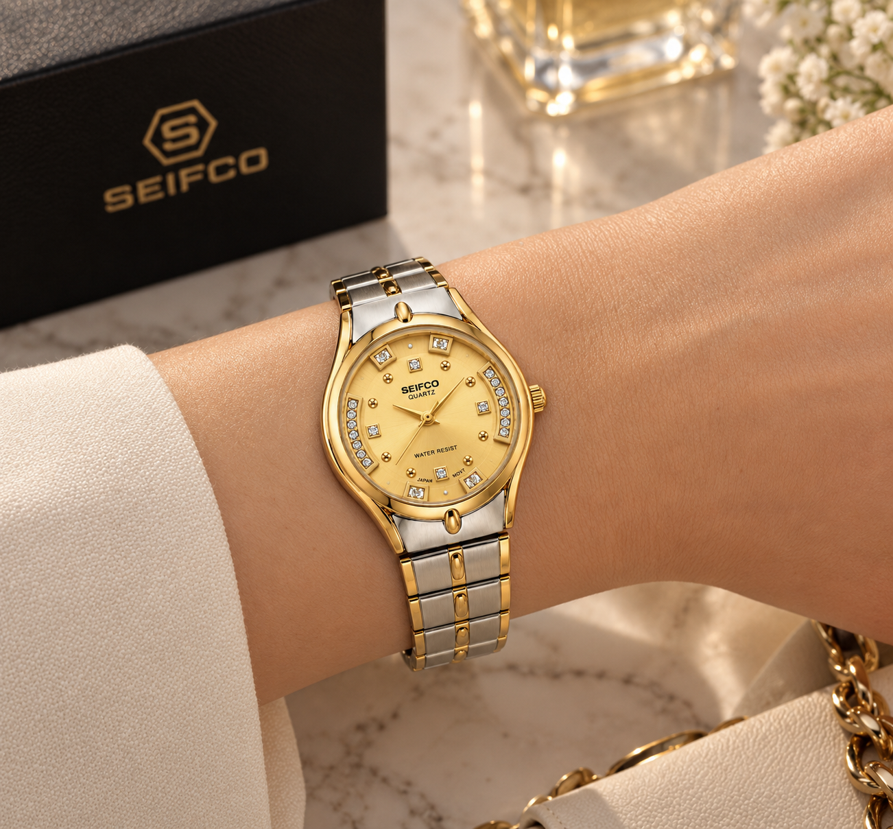 SEIFCO Classic Women’s Stainless Steel Quartz Watch with Gold Dial and Silver Gold Bracelet - الصورة 3