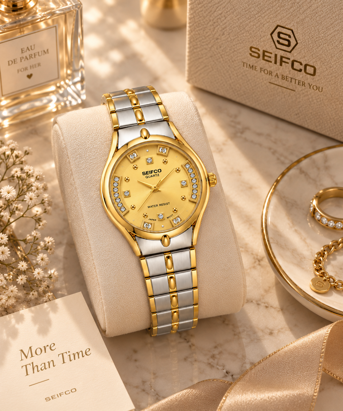 SEIFCO Classic Women’s Stainless Steel Quartz Watch with Gold Dial and Silver Gold Bracelet - الصورة 2