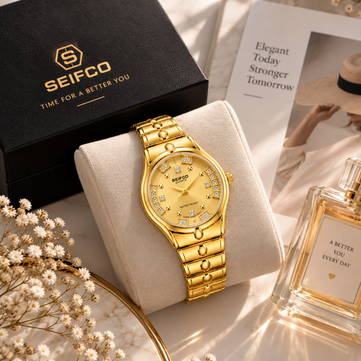 SEIFCO Classic Women’s Stainless Steel Quartz Watch with Gold Dial and Gold Bracelet - Image 2