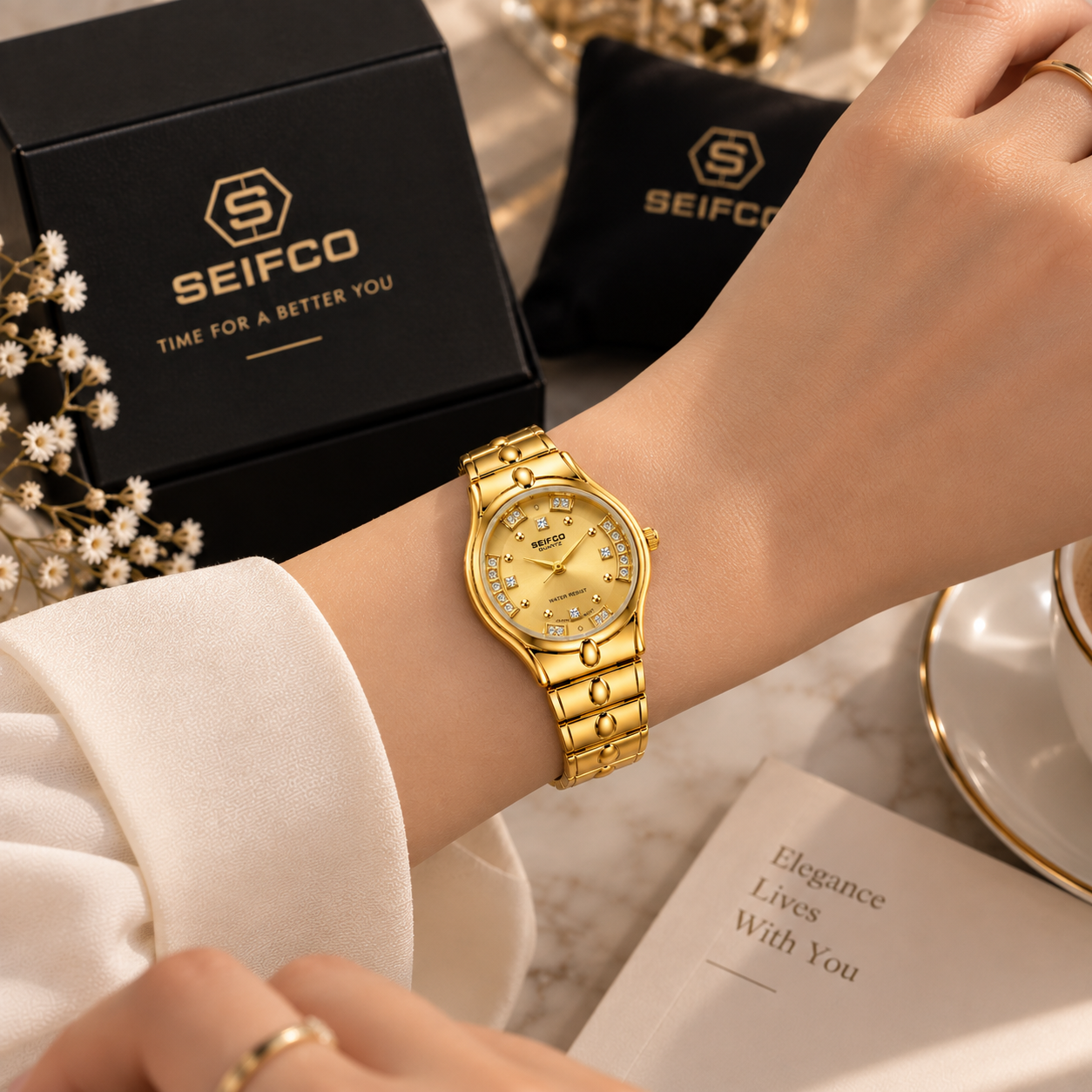 SEIFCO Classic Women’s Stainless Steel Quartz Watch with Gold Dial and Gold Bracelet - Image 4
