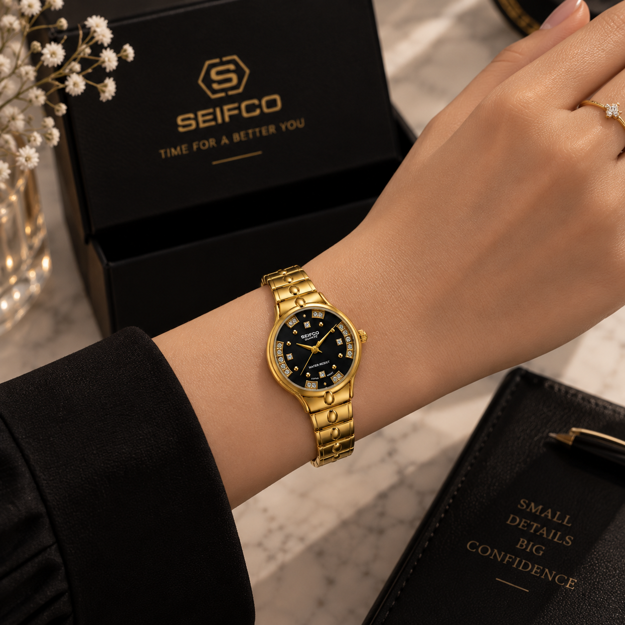SEIFCO Classic Women’s Stainless Steel Quartz Watch with Black Dial and Gold Bracelet - Image 3