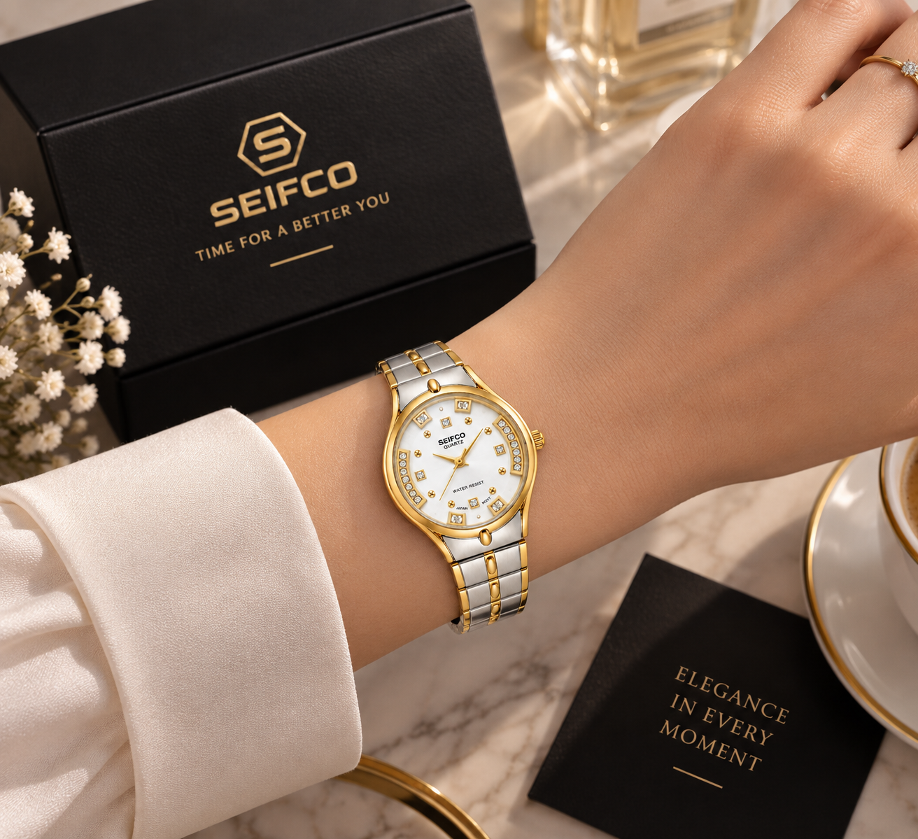 SEIFCO Classic Women’s Stainless Steel Quartz Watch with White Dial and Silver Gold Bracelet - Image 3