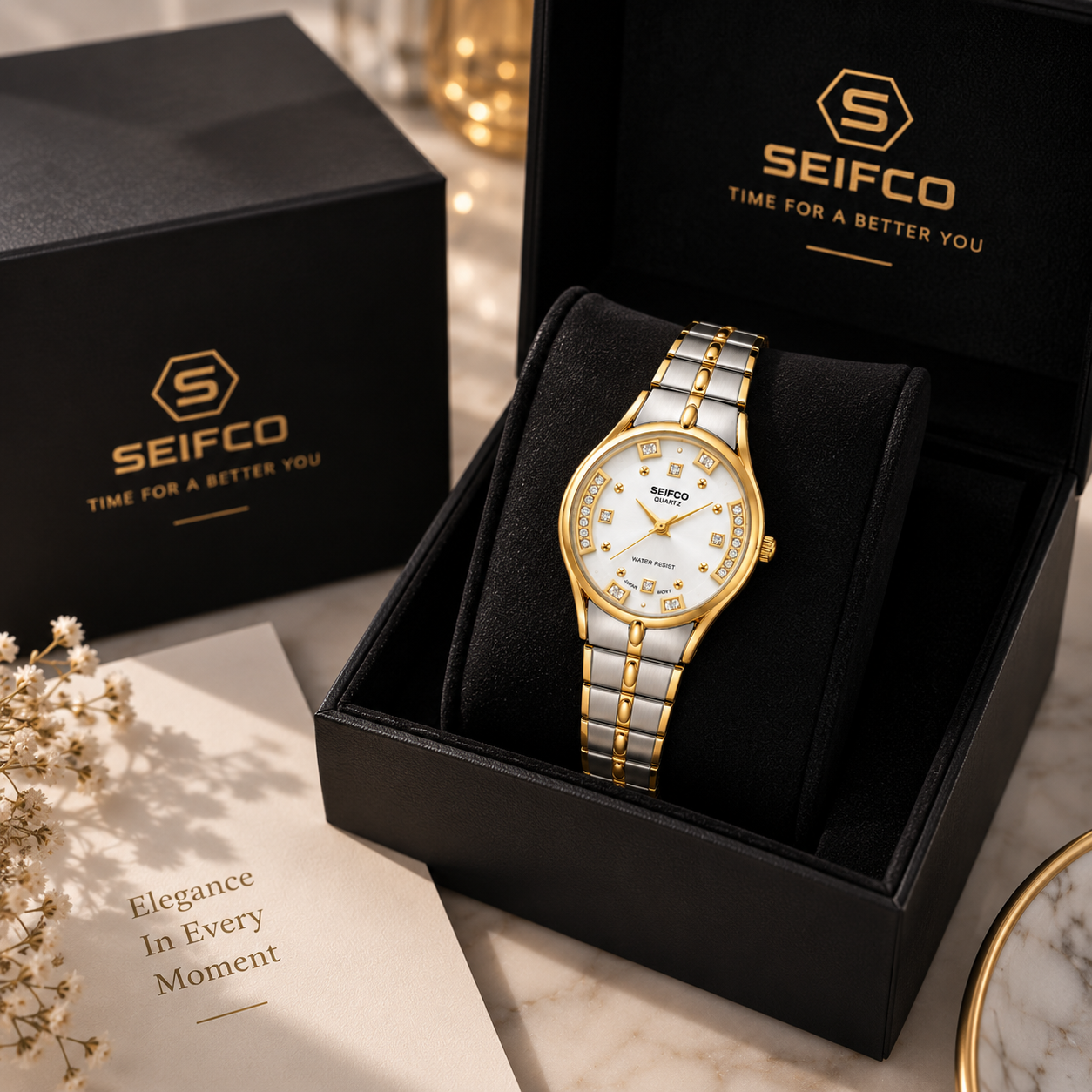 SEIFCO Classic Women’s Stainless Steel Quartz Watch with White Dial and Silver Gold Bracelet - Image 2