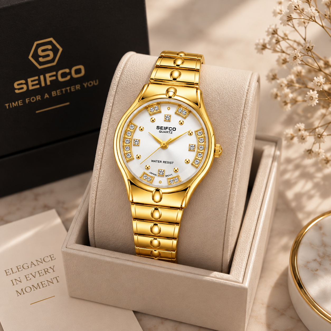 SEIFCO Classic Unisex Stainless Steel Watch with White Dial and Gold Bracelet - الصورة 2