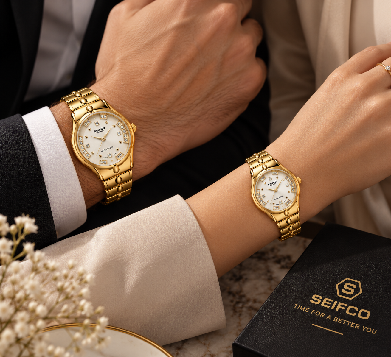 SEIFCO Classic Unisex Stainless Steel Watch with White Dial and Gold Bracelet - الصورة 3