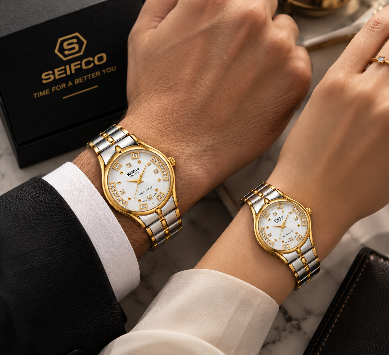 SEIFCO Classic Unisex Stainless Steel Quartz Watch with White Dial and Silver Gold Bracelet - الصورة 3