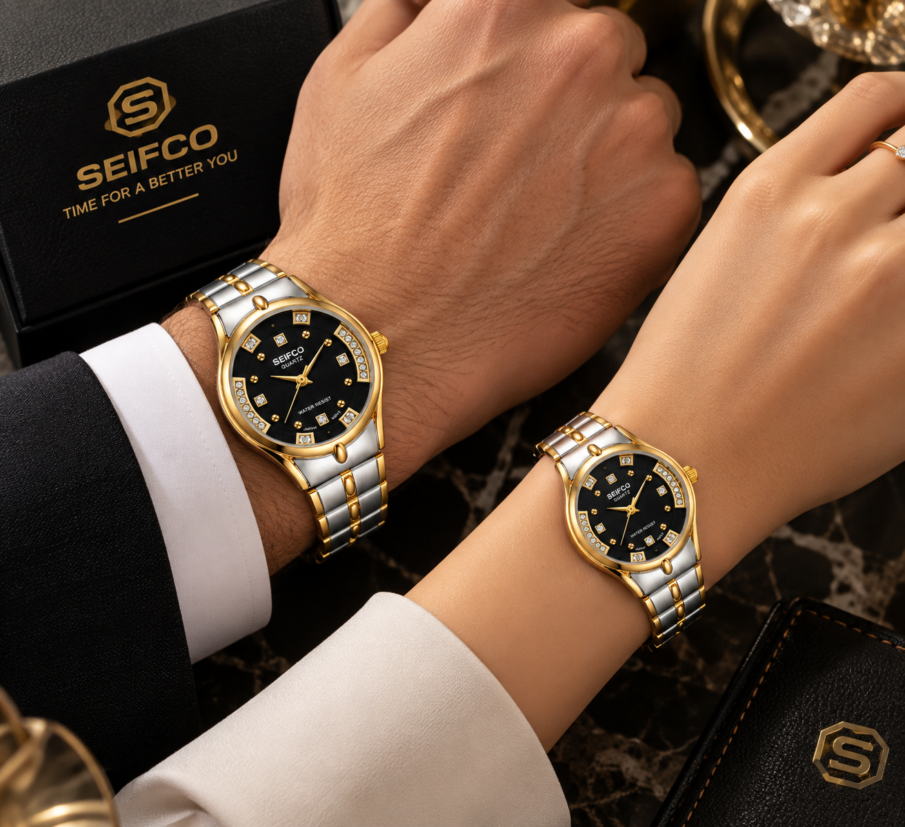 SEIFCO Classic Unisex Stainless Steel Quartz Watch with Black Dial and Silver Gold Bracelet - Image 3