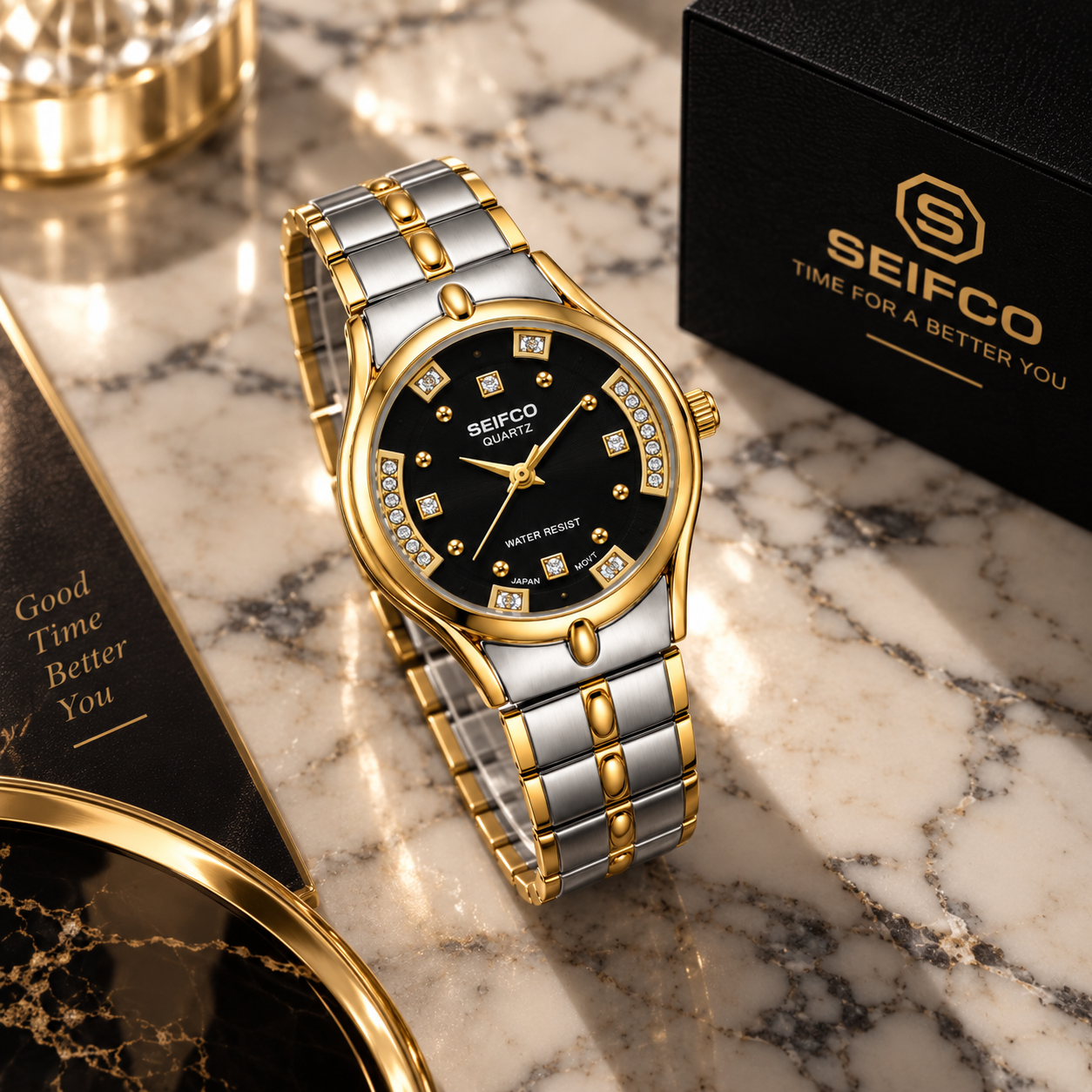 SEIFCO Classic Unisex Stainless Steel Quartz Watch with Black Dial and Silver Gold Bracelet - Image 2