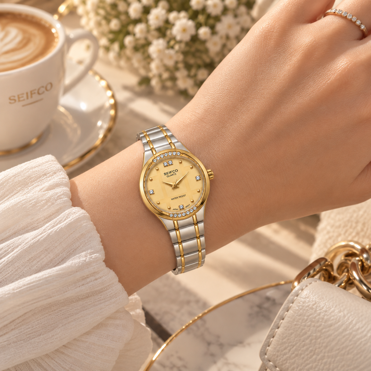 SEIFCO Classic Women’s Stainless Steel Quartz Watch with Gold Dial and Silver Gold Bracelet - الصورة 3