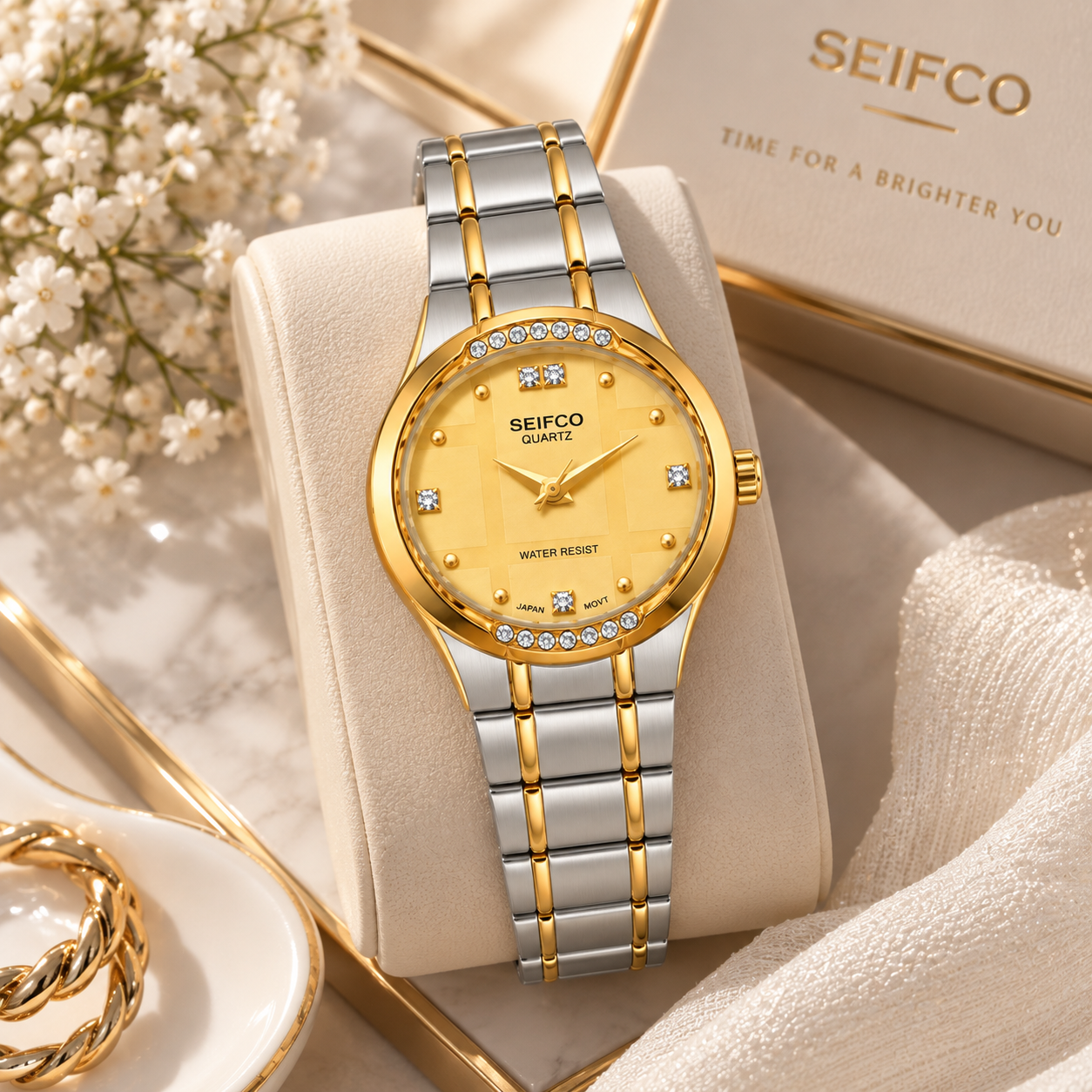 SEIFCO Classic Women’s Stainless Steel Quartz Watch with Gold Dial and Silver Gold Bracelet - الصورة 2