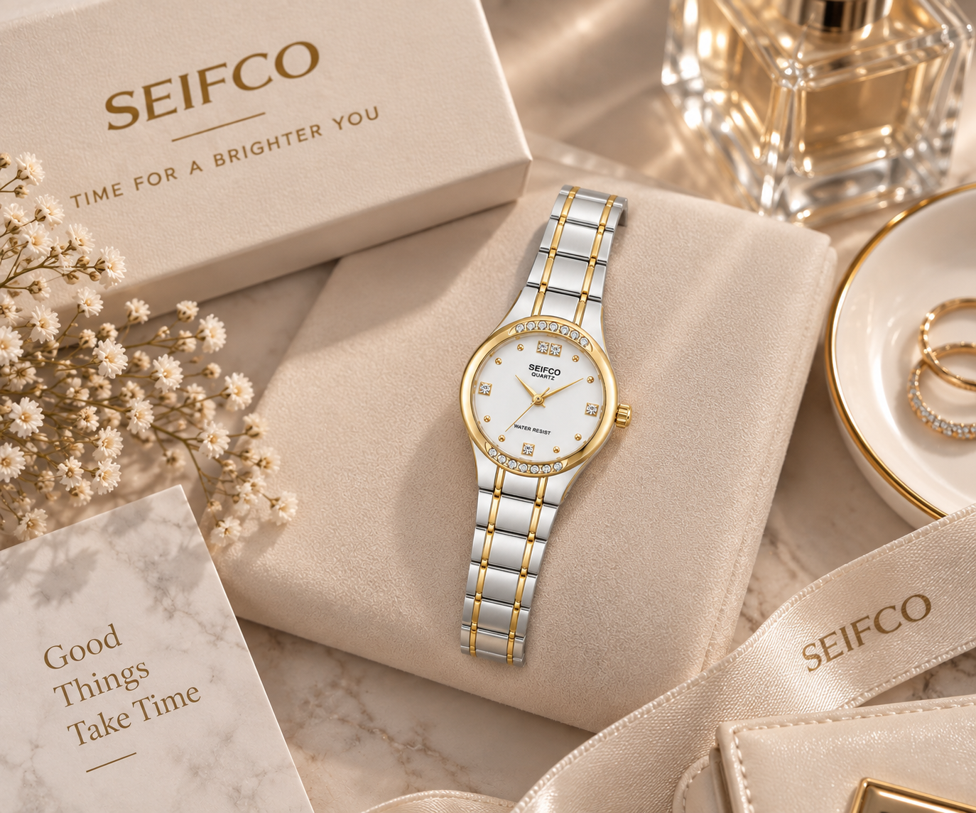 SEIFCO Classic Women’s Stainless Steel Watch with White Dial and Silver Gold Bracelet - Image 2