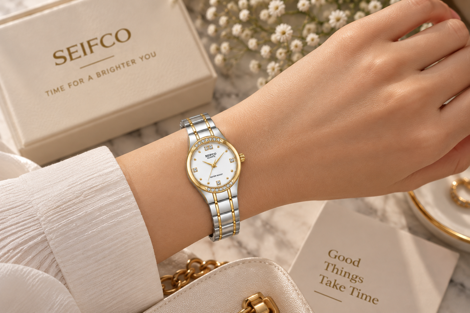 SEIFCO Classic Women’s Stainless Steel Watch with White Dial and Silver Gold Bracelet - Image 3