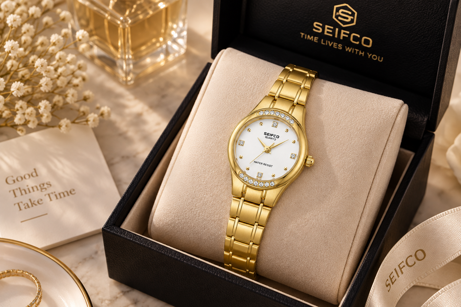 SEIFCO Classic Women’s Stainless Steel Watch with White Dial and Gold Bracelet - Image 2