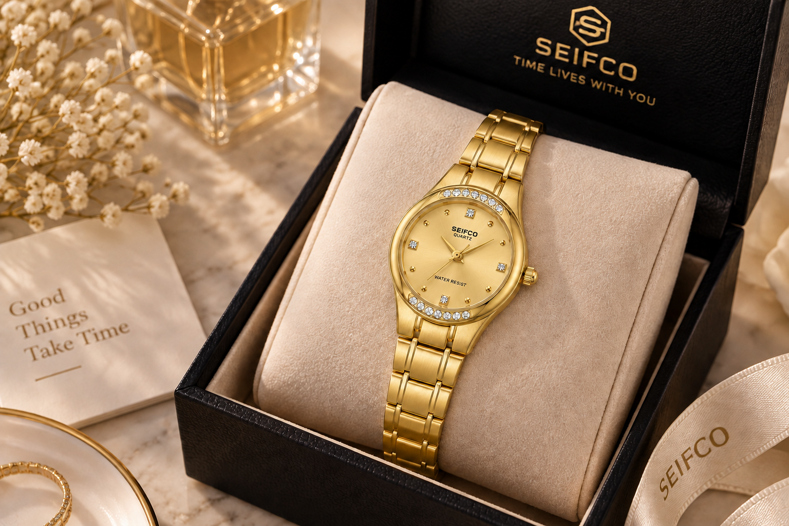 SEIFCO Classic Women’s Stainless Steel Watch with Gold Dial and Gold Bracelet - Image 2