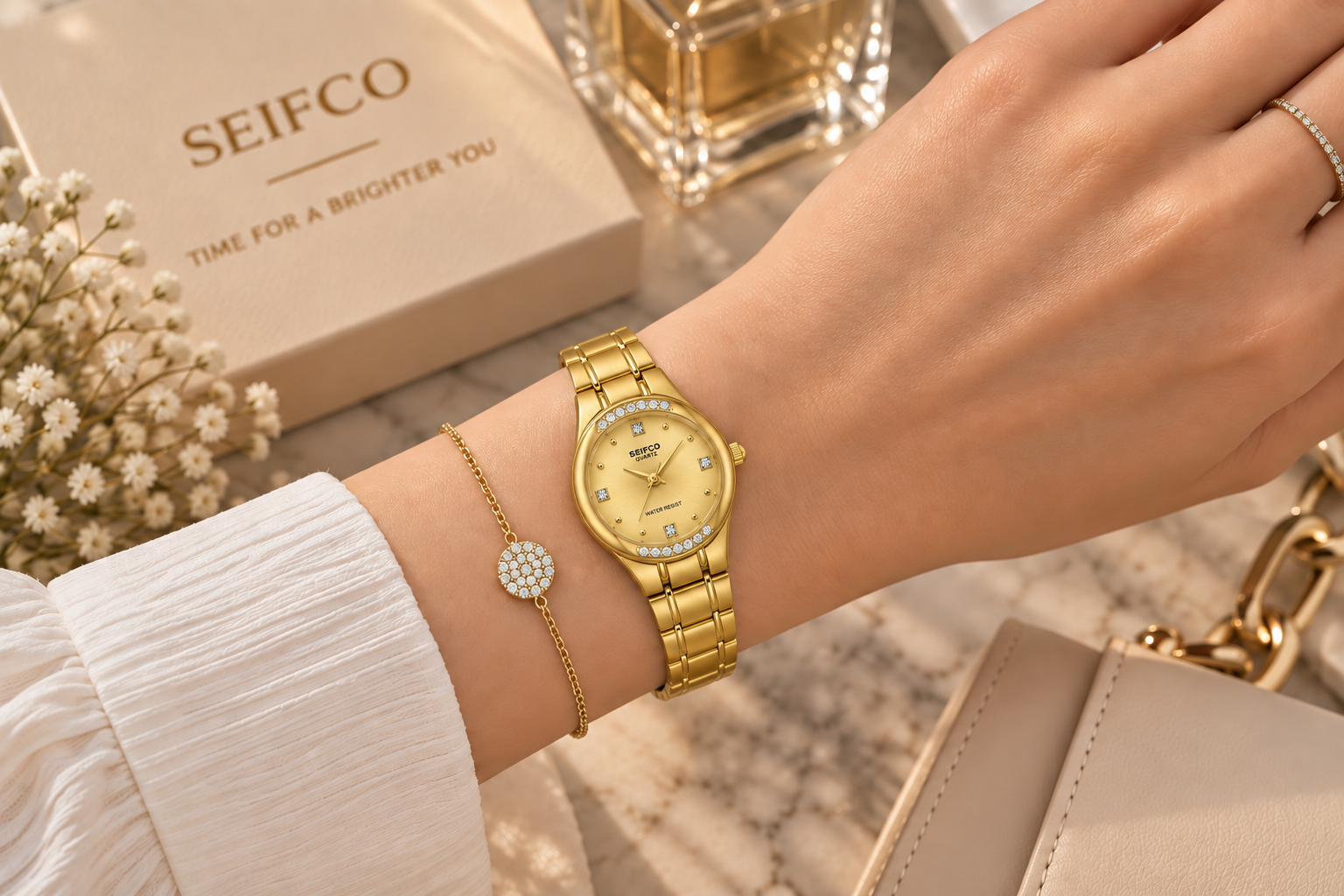 SEIFCO Classic Women’s Stainless Steel Watch with Gold Dial and Gold Bracelet - Image 3