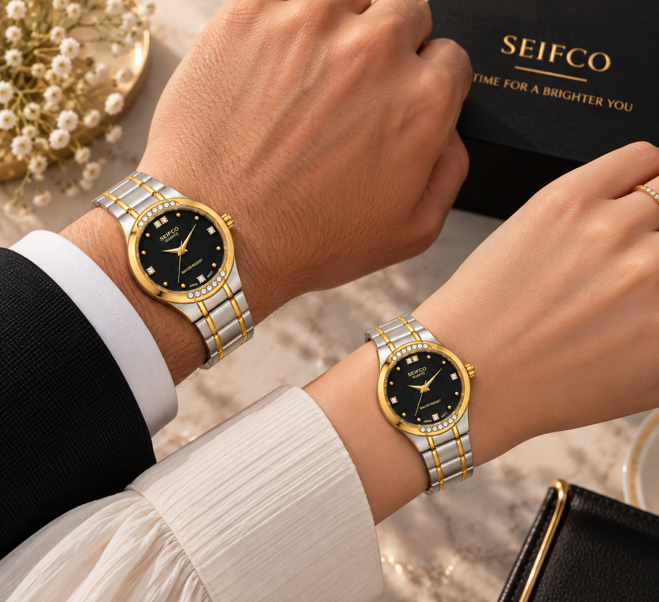 SEIFCO Classic Unisex Stainless Steel Quartz Watch with Black Dial and Silver Gold Bracelet - Image 3