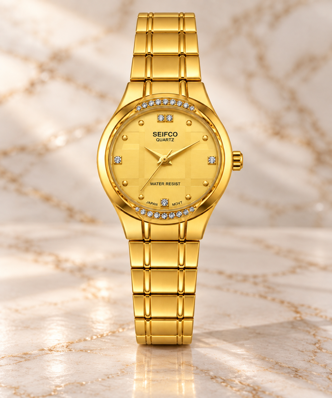 SEIFCO Classic Unisex Stainless Steel Quartz Watch with Gold Dial and Silver Gold Bracelet - الصورة 2