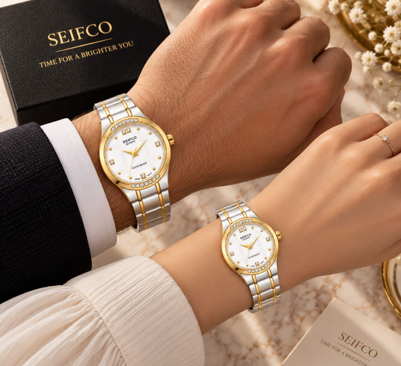 SEIFCO Classic Unisex Stainless Steel Watch with White Dial and Silver Gold Bracelet - الصورة 3