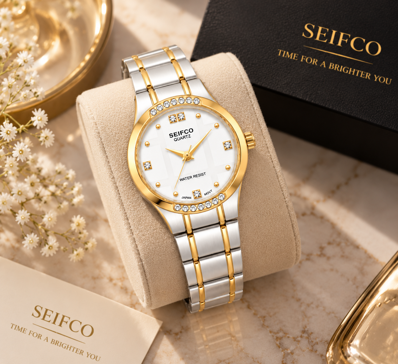 SEIFCO Classic Unisex Stainless Steel Watch with White Dial and Silver Gold Bracelet - الصورة 2