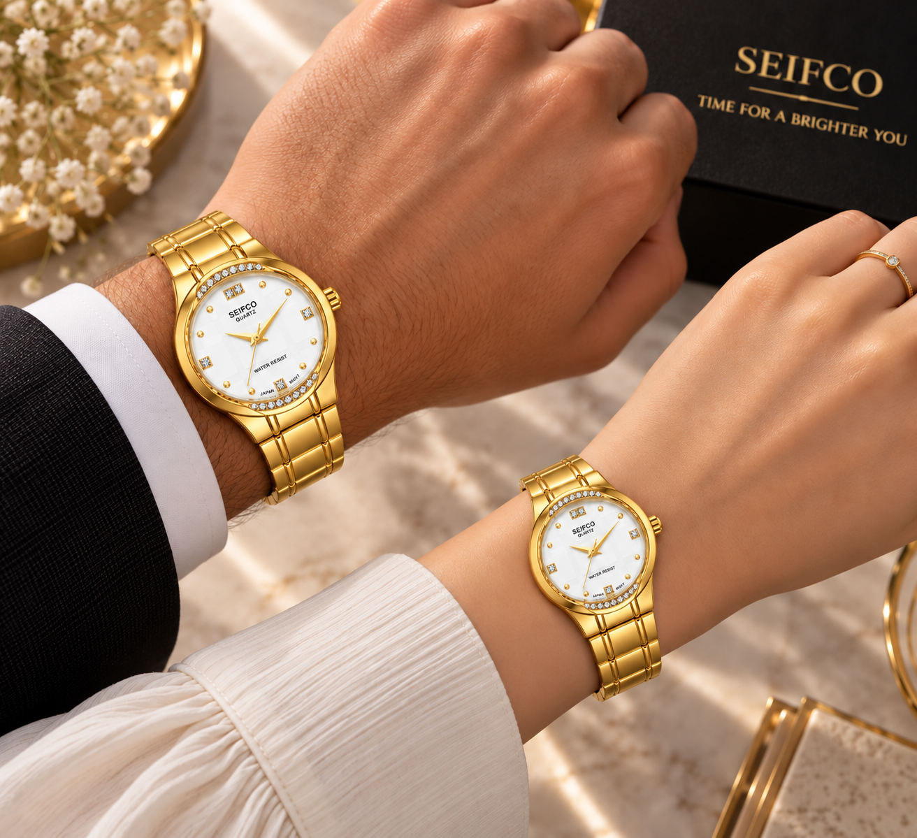 SEIFCO Classic Unisex Stainless Steel Watch with White Dial and Gold Bracelet - Image 2