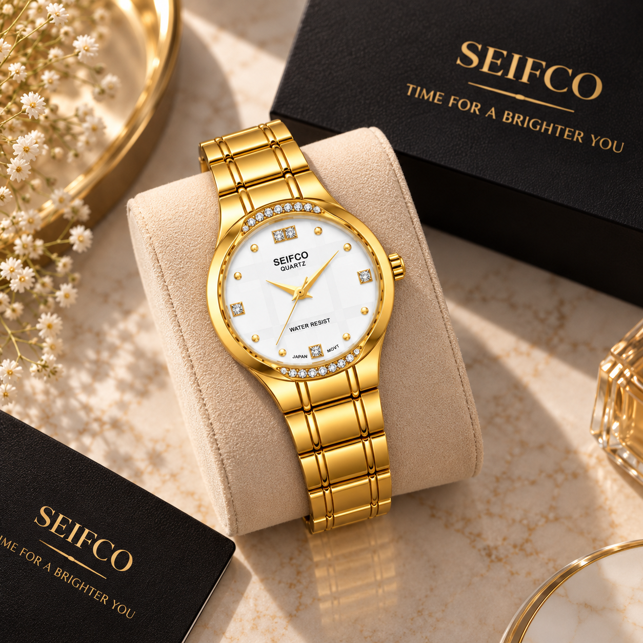 SEIFCO Classic Unisex Stainless Steel Watch with White Dial and Gold Bracelet - Image 3