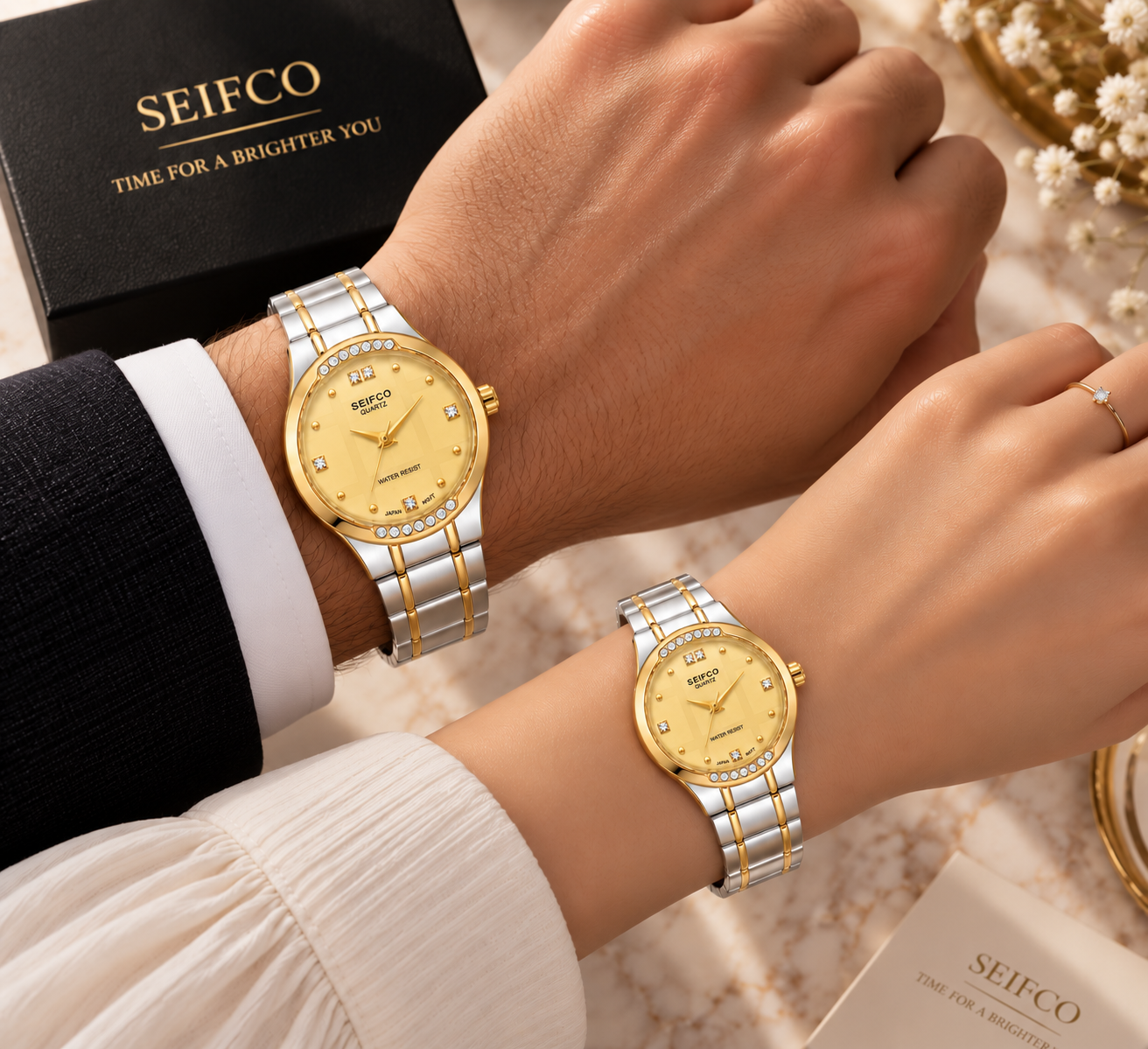 SEIFCO Classic Unisex Stainless Steel Quartz Watch with Gold Dial and Silver Gold Bracelet - الصورة 2