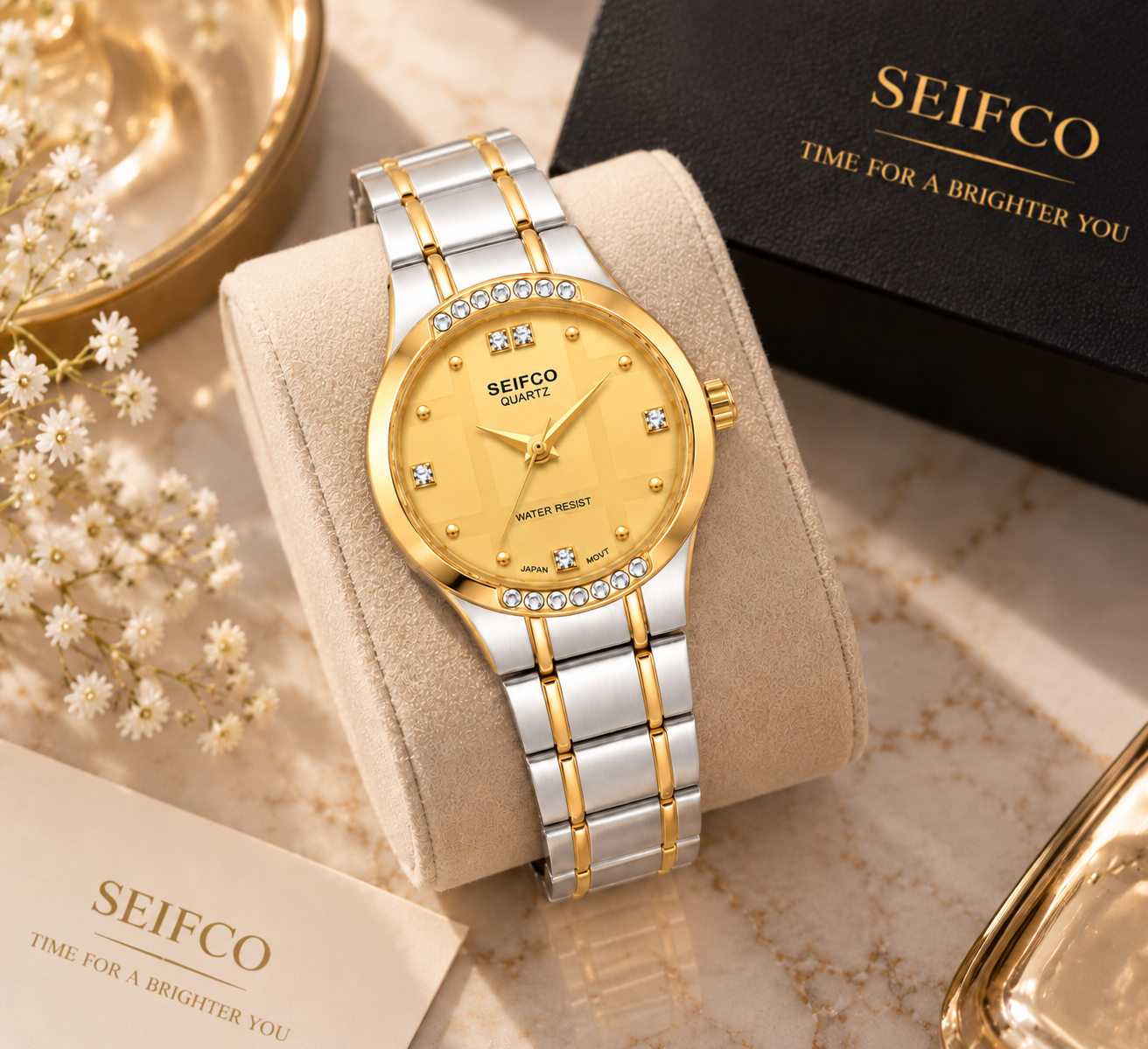SEIFCO Classic Unisex Stainless Steel Quartz Watch with Gold Dial and Silver Gold Bracelet - الصورة 3