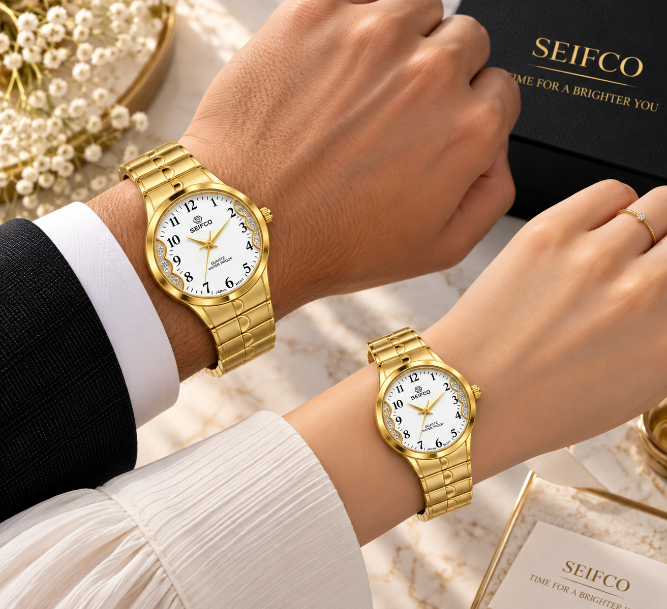 SEIFCO Classic Unisex Stainless Steel Quartz Watch with White Dial and Gold Bracelet - الصورة 3