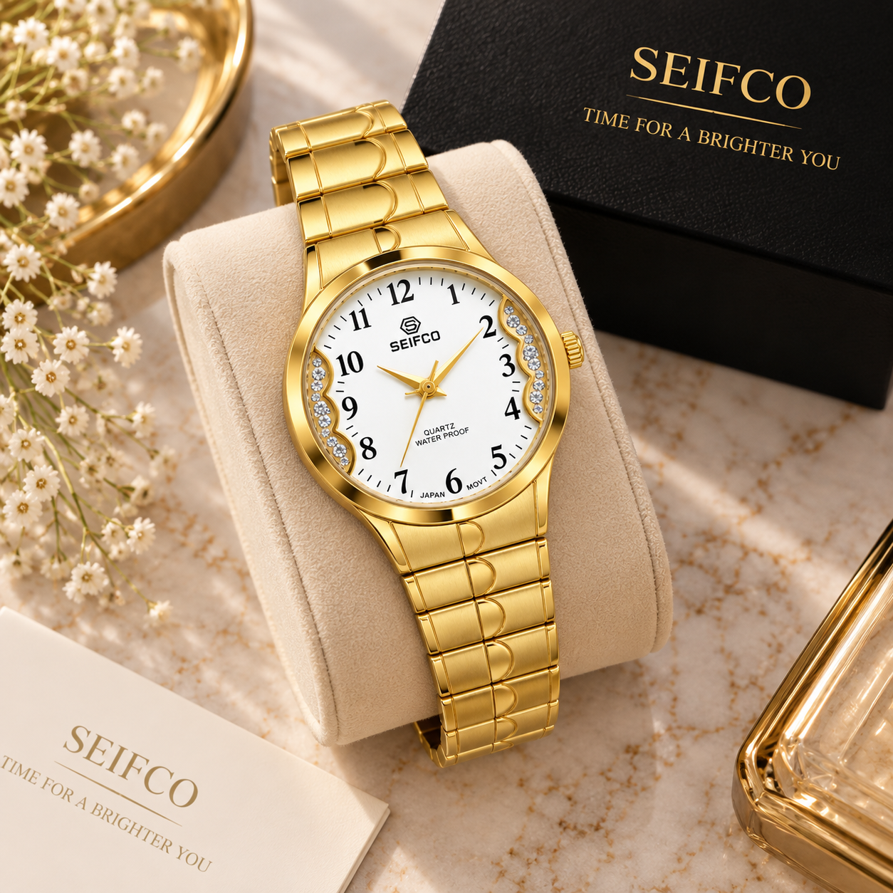 SEIFCO Classic Unisex Stainless Steel Quartz Watch with White Dial and Gold Bracelet - الصورة 2