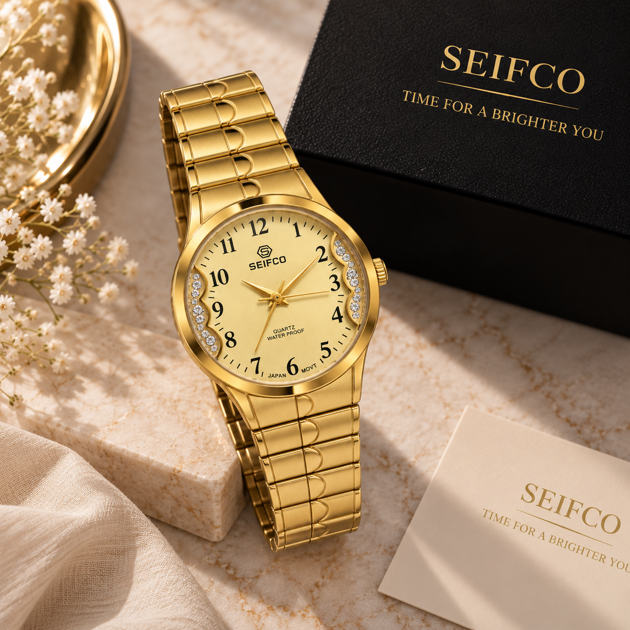 Unisex Gold Watch with Gold Dial and Crystal Accents - الصورة 3