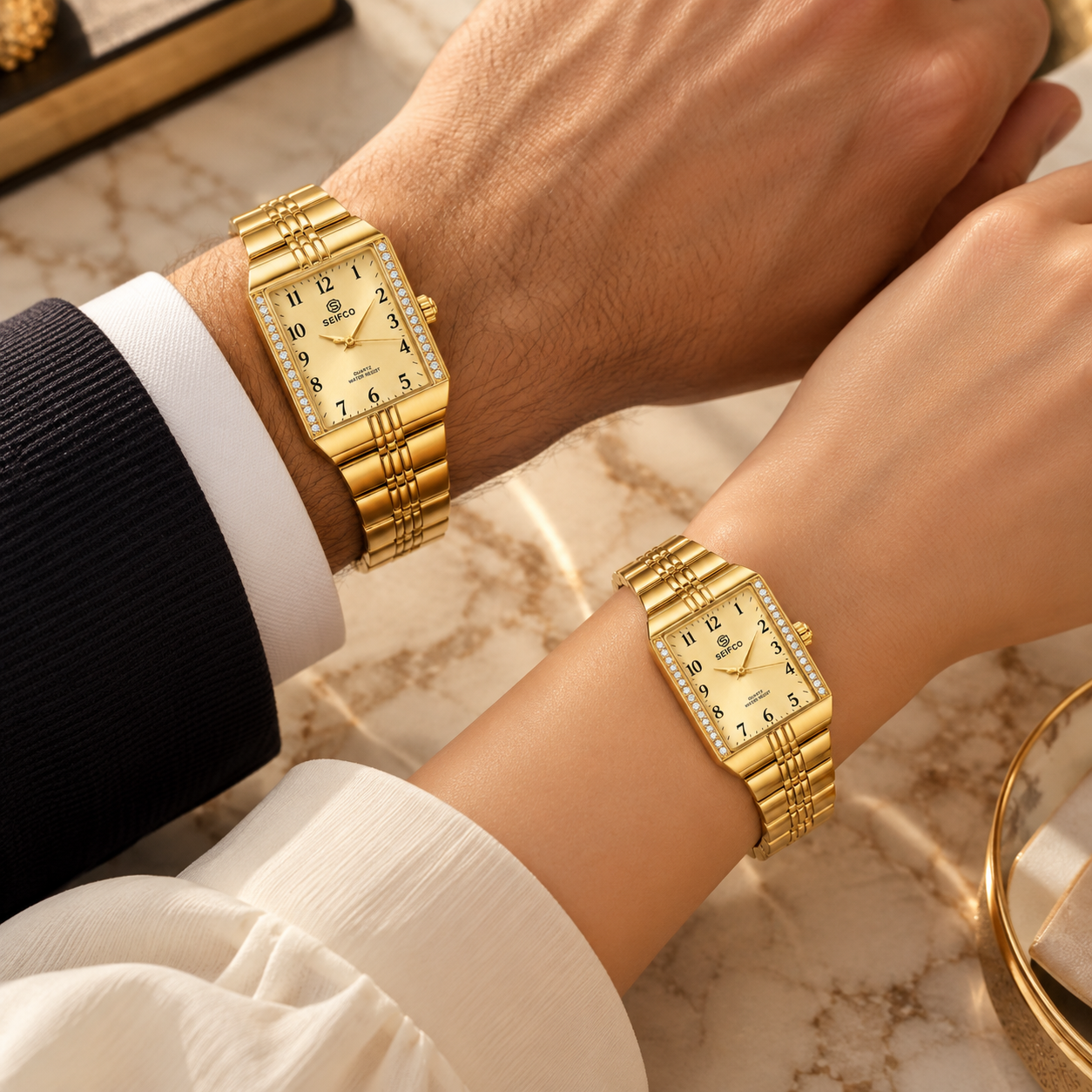 SEIFCO Classic Unisex Stainless Steel Watch with Gold Dial and Gold Bracelet - Image 2